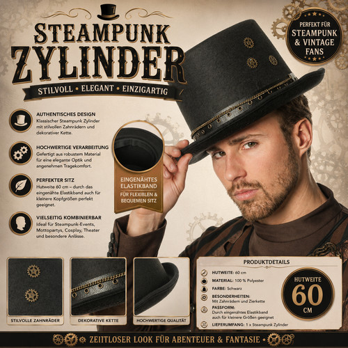 Steampunk zylinder schwarz - schwarz, mit