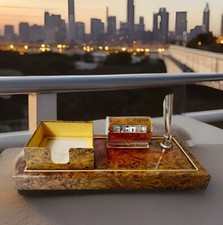 Vintage Schreibtisch Stifthalter Ewiger Kalender  Zettelbox Plastik-Metall Alt