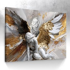 Leinwand Bild Engel Weiß Gold Wanddeko Kunst Gemälde Wandbilder Modern  8622A