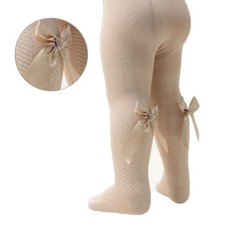 Mädchen Strumpfhose Feinstrick gerippte Strümpfe mit Schleife Beige Gr 98 104