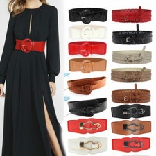 Damen Kunstleder Breit Stretch Elastisch Schnalle Gurt Taille Gürtel Bund %