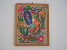 Bild Korkmalerei, farbenfroh, phantasievoll, Vogel und Blumenmotive, 33,5 x 26,5