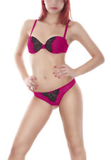 Damen Dessous Unterwäsche Push-up BH Set mit String und aufgesetzter Spitze