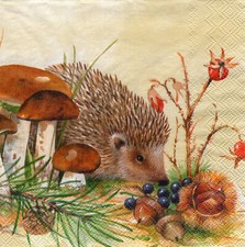 3 Servietten ~ Herbst, Tiere, Igel, Pilze, Beeren, stille Jagd, rar ~ 33x33