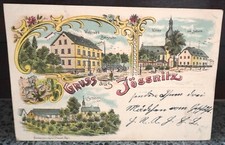AK Jössnitz Lithographie Wohlrab`s Bierstube Schloss Kirche gelaufen 1903 