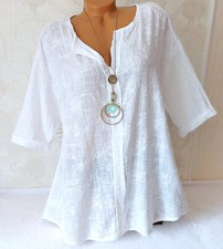 Damen Bluse Tunika Longbluse Italy Leinen Look  Bestickt Weiß  46 48 50   #28