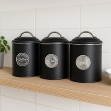 Vorratsdose Kaffeedose Teedose 3tlg Schwarz Metall Zuckerdose Retro Aufbewahrung