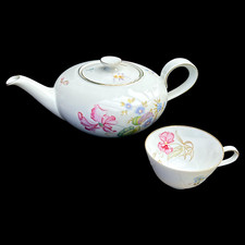 HC Heinrich Teekanne ANMUT SOMMER ORCHIDEE Geschirr 1951 Goldrand 1,2L neuwertig