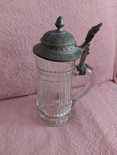 Bierkrug Glas mit Zinndeckel Alt 19. Jahrhundert leicht beschädigt