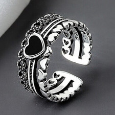 Ring Ringe versilbert schwarzer Stein Herzen Herz Modeschmuck größenverstellbar