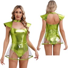 DE Damen Kostüm Sexy Weltraum Space Cop Bodysuit PVC Rock Astronautin Kostüm