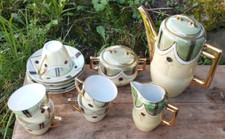 Jugendstil Porzellan Antik Mokkaservice Vergoldung Irisierend Pastell f. 5 Pers.