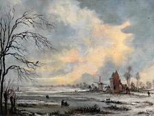 Ölgemälde Winter Landschaft Eis Mühle Monogrammiert G.S Belgien um 1934