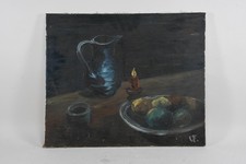 C25V19- Gemälde Stillleben mit Obst Krug und Kerze monogrammiert L. F. 