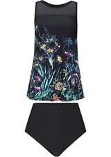 Long Tankini mit Maxi Bikinihose Gr. 38 Schwarz Geblümt Bademode Badeanzug Neu