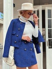 Damen Kostüm mit Blazer Jacke mit Rock Anzug Tweed Blau  gr L 40 /42