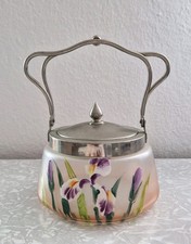 Antike Jugendstil Henkelschale / Zuckerdose mit Deckel  emailliert, handbemalt 