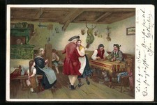 Ansichtskarte Mann mit Zither am Tisch und Paar beim Volkstanz 