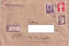 Wertbrief DM 500 mit 3 Briefmarken, Michel Nr. 602, 606, 609, 1979–1990 versiege
