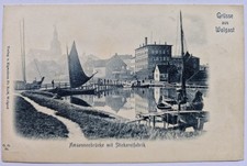 Grüsse aus Wolgast Amazonenbrücke mit Stickereifabrik Hafen Zeesenboot ca. 1900