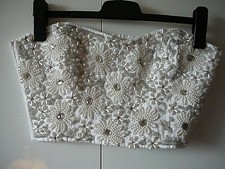 5 Di Bari Bustier Corsage Gr 36 weiß Perlen+Straßblüten vorne Rückenraffung WOW