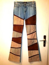 ITALY NEU 36 38 s m CHARME stretch Jeans blau Schlag Hose braun echt Leder w38
