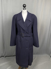 Burberry Vintage Damen Blau Wolle Zweireiher Gürtel Mantel Größe 14 Lang
