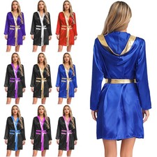DE Damen Boxmantel Kapuze Boxen Satinmantel Muay Thai Uniformen Kostüm Halloween
