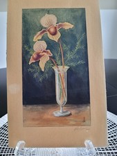 Altes Aquarell Blumen Vase Orchideen Frauenschuh, signiert, ungerahmt 28 x 17 cm