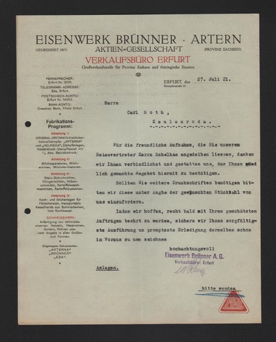 Erfurt brief 1921 - erfurt,,