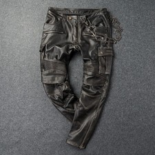 Herren Schwarz Lederhose 100% Echtes Lammleder Slim Fit Cargo Moto Biker...