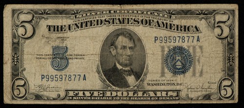 1934c silver certificate - $5,