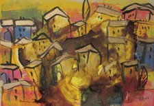 Bunte Stadt Gemälde auf Karton 42x30 orig.sig. ZM Kunstmüllerei Düsseldorf