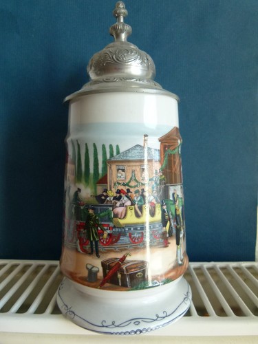 Bierkrug zinndeckel eisenbahn - bierkrug, zinndeckel,