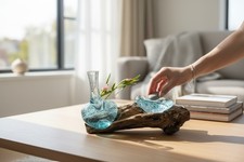 Geschmolzenes Glas auf Wurzelholz Blumenvase Glasschale Vase Schale Kerzenhalter