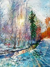 ölgemälde winter wald - winter, pfad