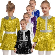 Mädchen Röcke 70er Jahre Kleid Retro Kostüm Thema Lange Ärmel Leotard Sparkly