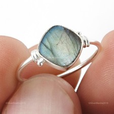 Quadrat Natürlich Labradorite Massiv Silber Band Ethnisch Art Déco Ring Größe 7