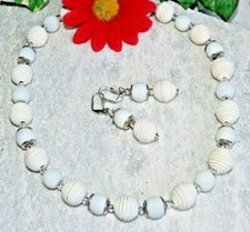 2er Schmuckset Halskette Ohrringe Fimo Perle Glasperle weiss  Modeschmuck 447s