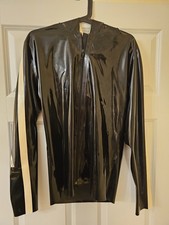 Latex-Kapuzen-Shirt von Blackstyle – Größe XL – Schwarz mit weißen Streifen