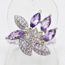 Navette Amethyst Zirkonia Ring 925 Silber 585 Bicolor vergoldet 18,4 mm 58