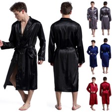 Herren Morgenmantel Robe Kimono Pyjamas Bademantel Glanz Schwarz Rot Blau Grau
