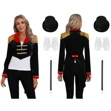 DE Damen Kostüm Zirkus Jacke Samt Frack Hut Handschuhe und Zauberstab 4er Set