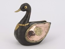 Kleine vintage Holz Ente Handgefertigt mit Messing & Kupfer Aplikationen