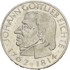 Künker: BRD, 5 Mark 1964 J, 150. Todestag Johann Gottlieb Fichte, Silber, Top!