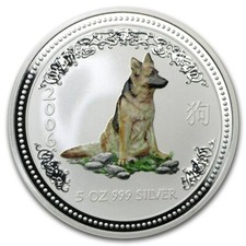 5 UNZEN 999 SILBER - LUNAR HUND 2006 - KOLORIERT - SILBERMÜNZE - SILBERBARREN
