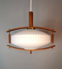 Alte DDR UFO Lampe Pendellampe Danish Design Opalglas Teak 60er