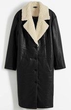 Lederimitat-Mantel mit Teddyfell am Kragen Gr. 44 Schwarz Damen Jacke Coat Neu*