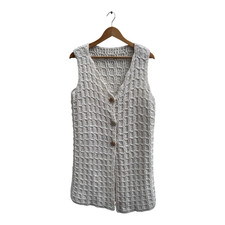 Strickweste Damen Gr XL Creme Wolle Lang Warm Perlmuttknöpfe Vintage Elegant