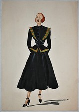 Modezeichnungen Aquarell/Tusche elegantes schwarzes Abendkleid ca 43x30cm